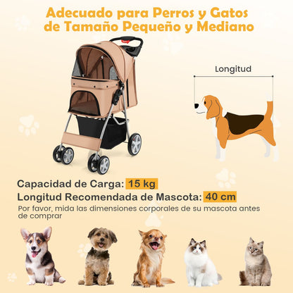Cochecito Plegable para Mascotas de 4 Ruedas, Transportín Portátil para Gatos y Perros con Cesta y Ventana, Dimensiones 87 x 46 x 102 cm