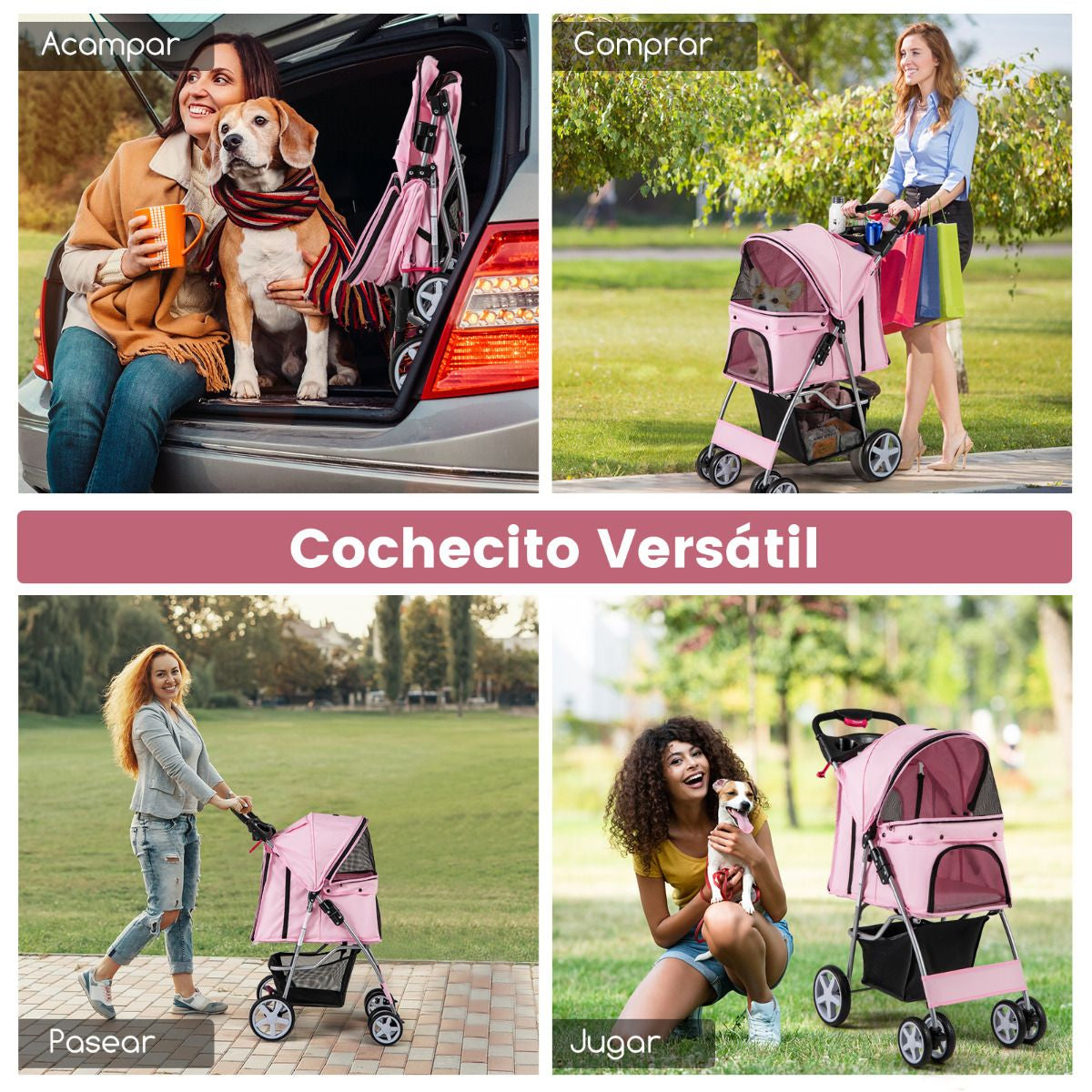 Cochecito Plegable para Mascotas de 4 Ruedas, Transportín Portátil para Gatos y Perros con Cesta y Ventana, Dimensiones 87 x 46 x 102 cm