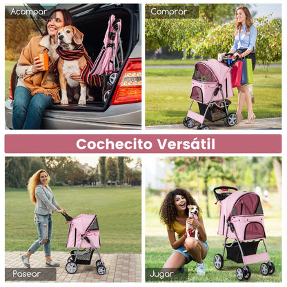 Cochecito Plegable para Mascotas de 4 Ruedas, Transportín Portátil para Gatos y Perros con Cesta y Ventana, Dimensiones 87 x 46 x 102 cm
