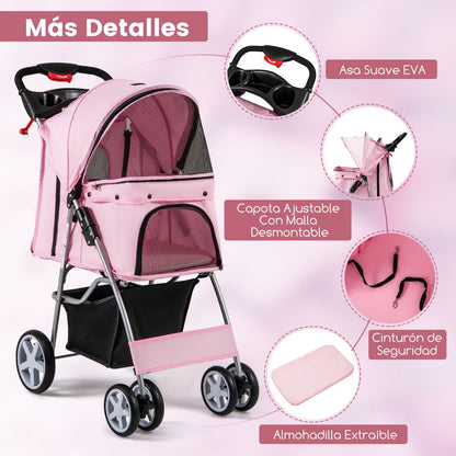 Cochecito Plegable para Mascotas de 4 Ruedas, Transportín Portátil para Gatos y Perros con Cesta y Ventana, Dimensiones 87 x 46 x 102 cm