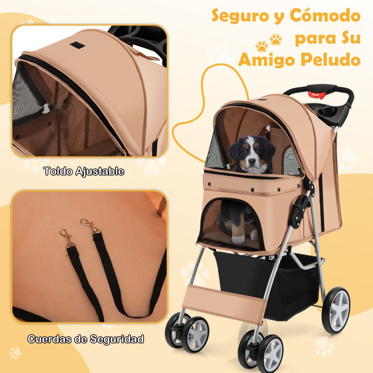 Cochecito Plegable para Mascotas de 4 Ruedas, Transportín Portátil para Gatos y Perros con Cesta y Ventana, Dimensiones 87 x 46 x 102 cm