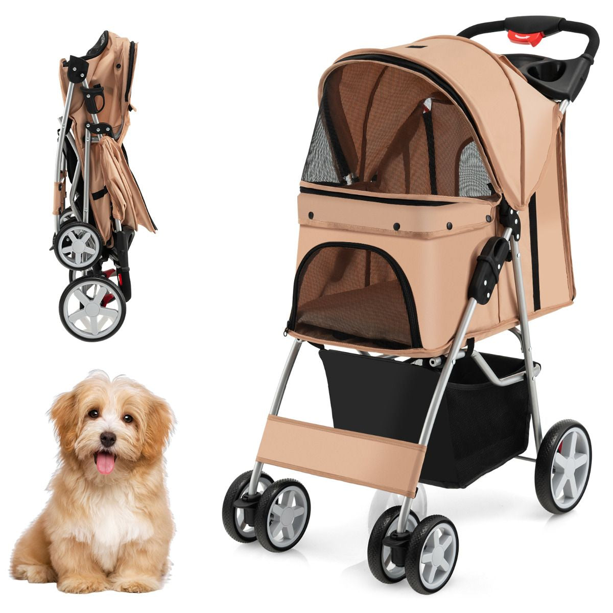 Cochecito Plegable para Mascotas de 4 Ruedas, Transportín Portátil para Gatos y Perros con Cesta y Ventana, Dimensiones 87 x 46 x 102 cm