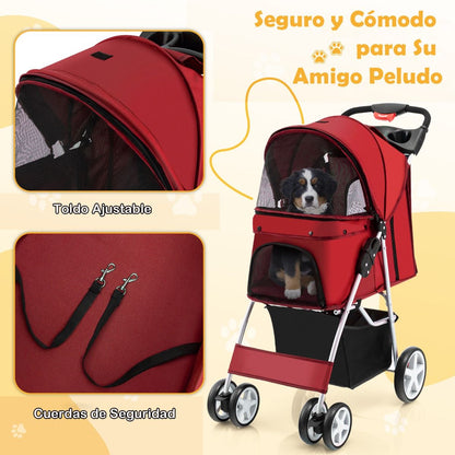 Cochecito Plegable para Mascotas de 4 Ruedas, Transportín Portátil para Gatos y Perros con Cesta y Ventana, Dimensiones 87 x 46 x 102 cm