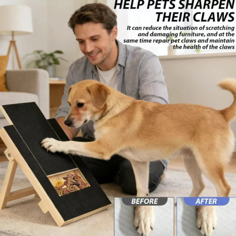Wooden Pet Scratching Board for Dogs with Built-In Treat Box Nail Trim Pad Pull-Out Design Sandpaper Surface Scratch Toy