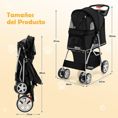 Cochecito Plegable para Mascotas de 4 Ruedas, Transportín Portátil para Gatos y Perros con Cesta y Ventana, Dimensiones 87 x 46 x 102 cm