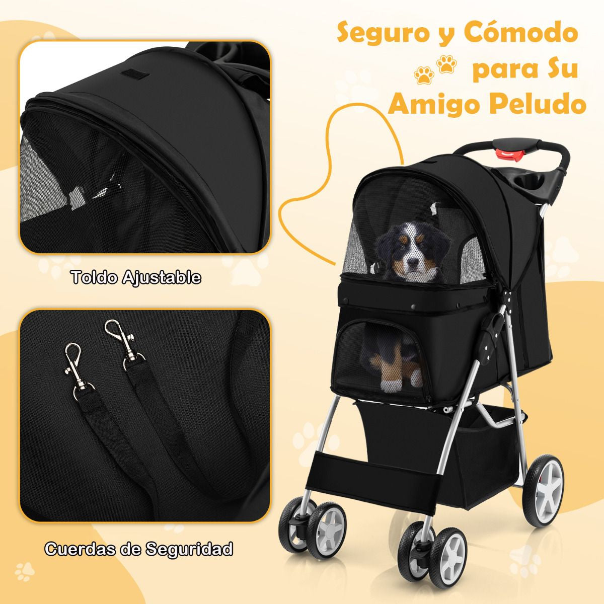 Cochecito Plegable para Mascotas de 4 Ruedas, Transportín Portátil para Gatos y Perros con Cesta y Ventana, Dimensiones 87 x 46 x 102 cm