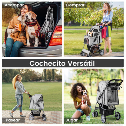 Cochecito Plegable para Mascotas de 4 Ruedas, Transportín Portátil para Gatos y Perros con Cesta y Ventana, Dimensiones 87 x 46 x 102 cm