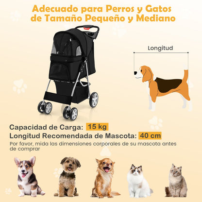 Cochecito Plegable para Mascotas de 4 Ruedas, Transportín Portátil para Gatos y Perros con Cesta y Ventana, Dimensiones 87 x 46 x 102 cm