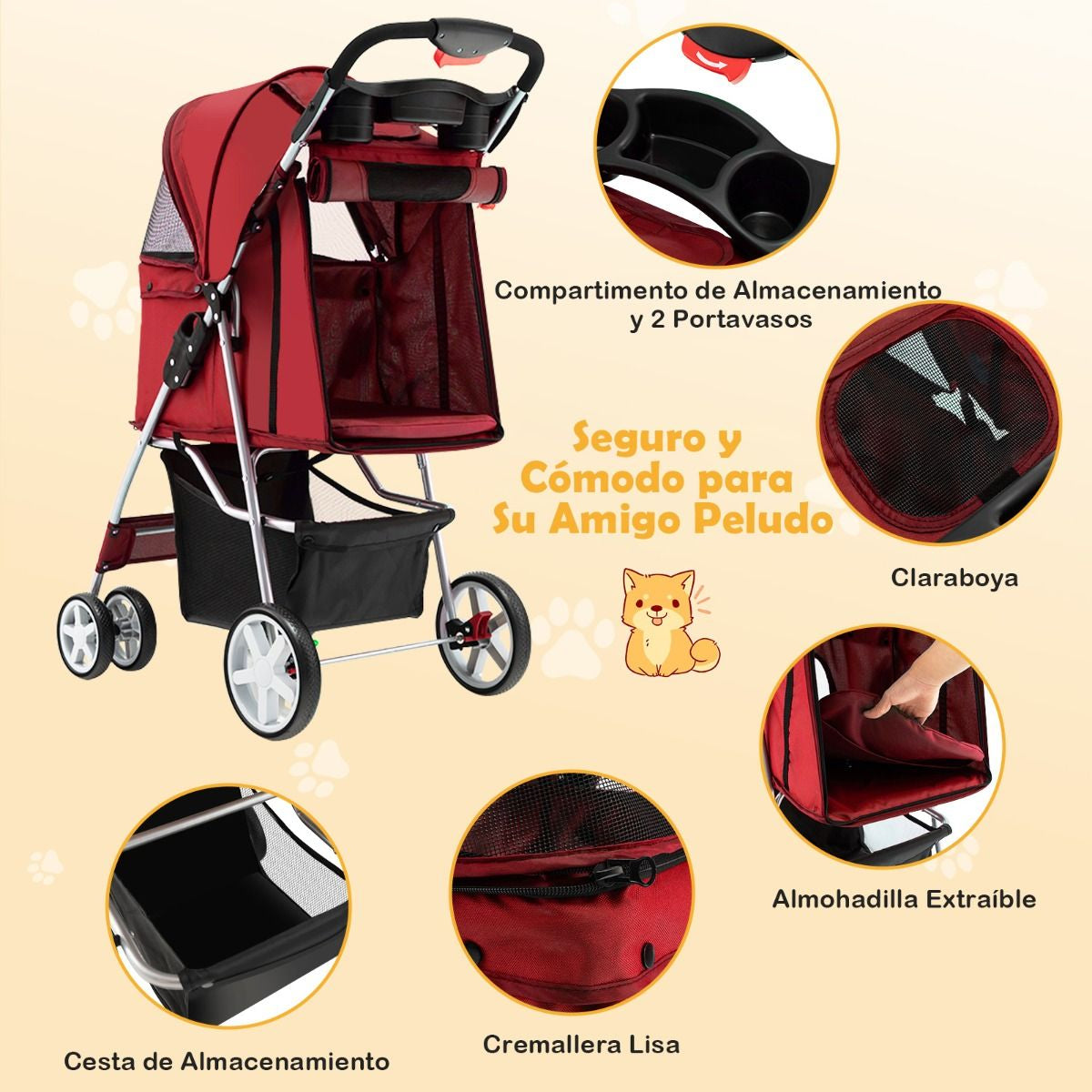 Cochecito Plegable para Mascotas de 4 Ruedas, Transportín Portátil para Gatos y Perros con Cesta y Ventana, Dimensiones 87 x 46 x 102 cm