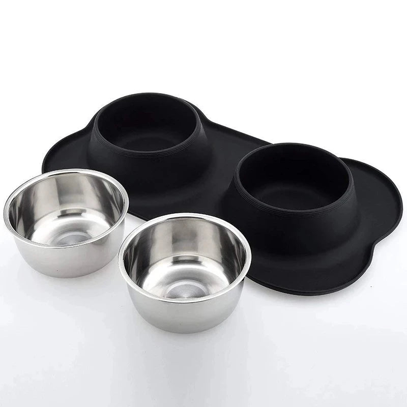 Antislip Double Dog Bowl with Silicone Mat Durable Stainless Steel Water Food Feeder Pet Feeding Drinking Bowls for Dogs Cats