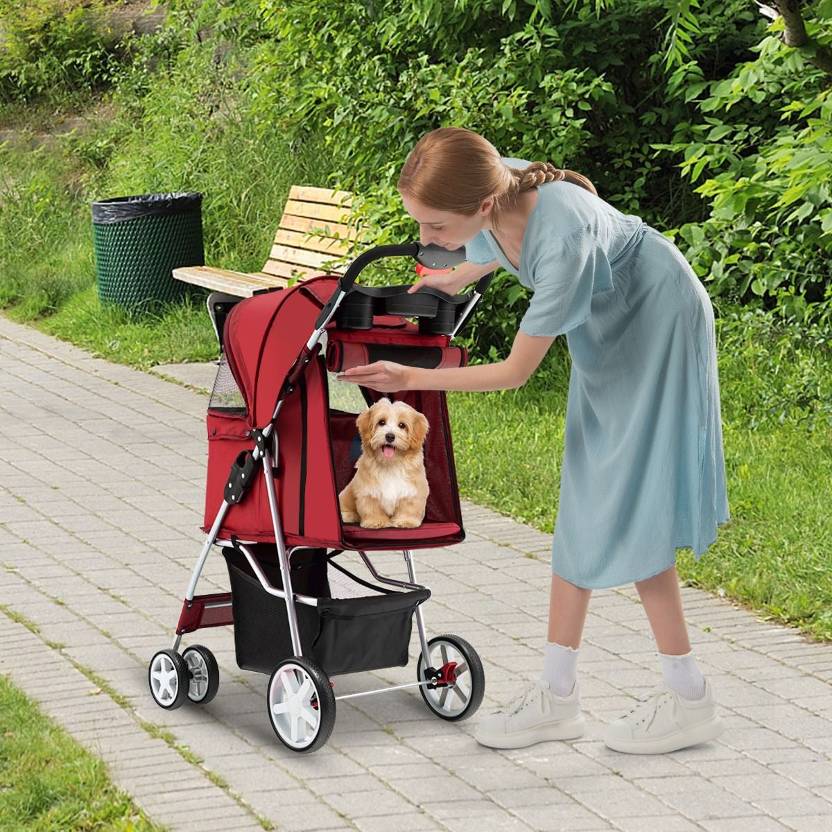 Cochecito Plegable para Mascotas de 4 Ruedas, Transportín Portátil para Gatos y Perros con Cesta y Ventana, Dimensiones 87 x 46 x 102 cm