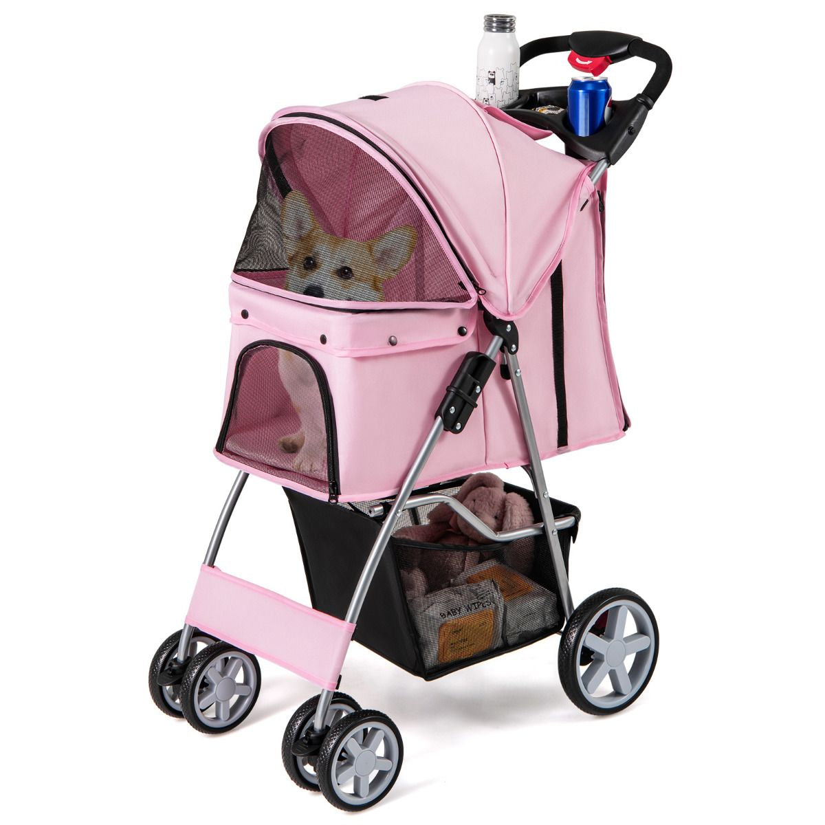 Cochecito Plegable para Mascotas de 4 Ruedas, Transportín Portátil para Gatos y Perros con Cesta y Ventana, Dimensiones 87 x 46 x 102 cm