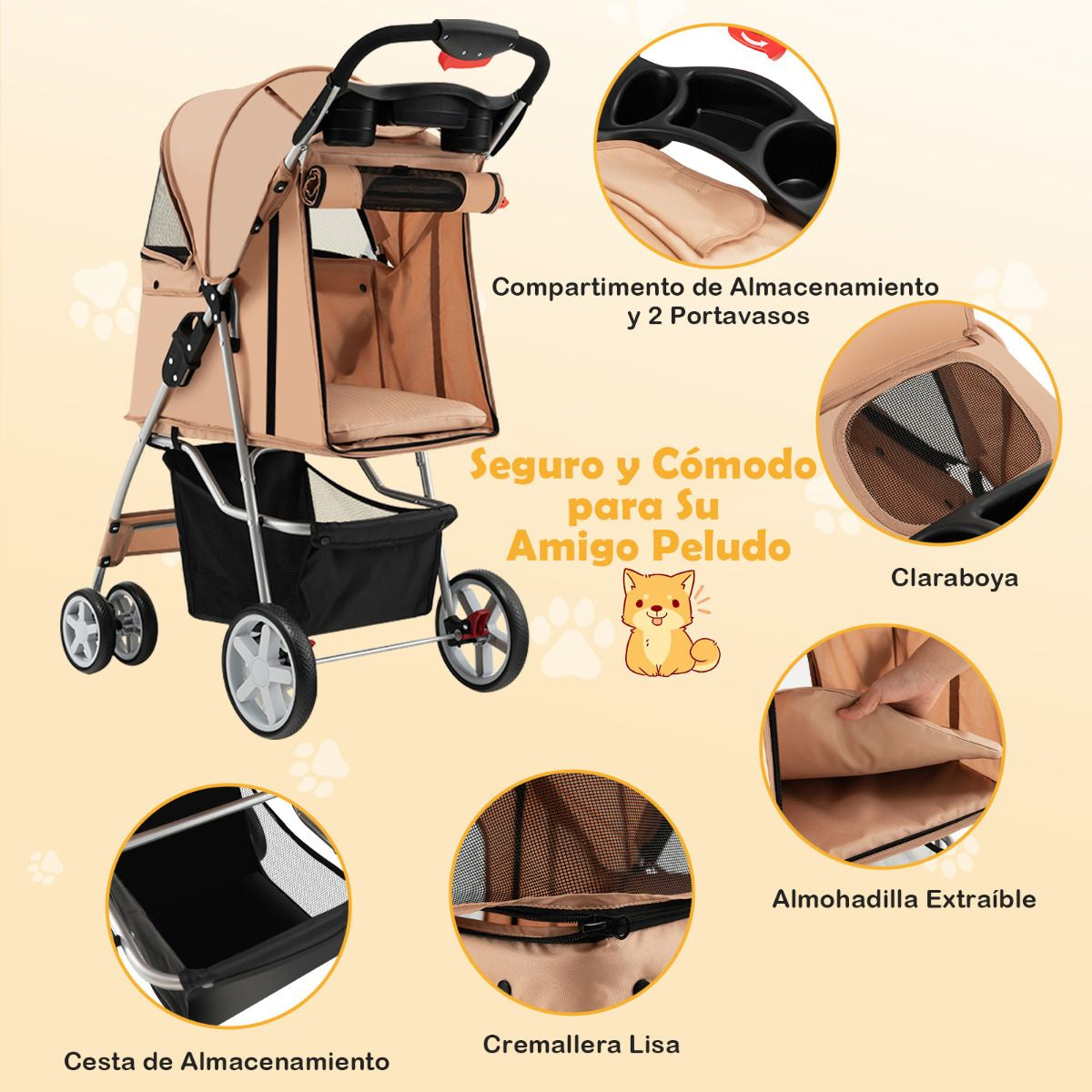 Cochecito Plegable para Mascotas de 4 Ruedas, Transportín Portátil para Gatos y Perros con Cesta y Ventana, Dimensiones 87 x 46 x 102 cm