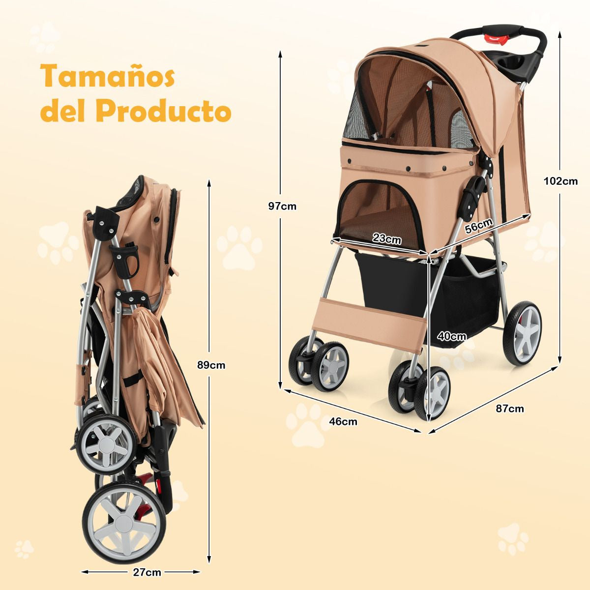 Cochecito Plegable para Mascotas de 4 Ruedas, Transportín Portátil para Gatos y Perros con Cesta y Ventana, Dimensiones 87 x 46 x 102 cm