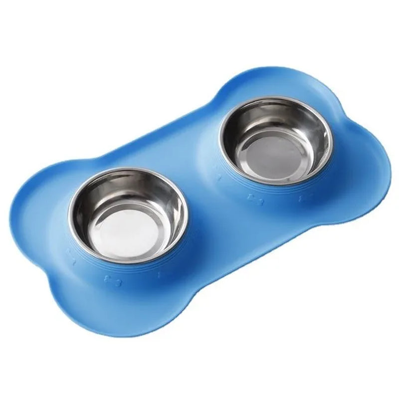 Antislip Double Dog Bowl with Silicone Mat Durable Stainless Steel Water Food Feeder Pet Feeding Drinking Bowls for Dogs Cats