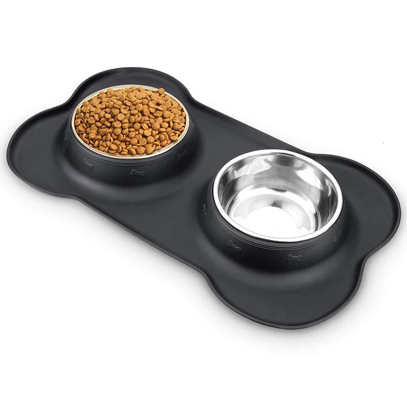 Antislip Double Dog Bowl with Silicone Mat Durable Stainless Steel Water Food Feeder Pet Feeding Drinking Bowls for Dogs Cats