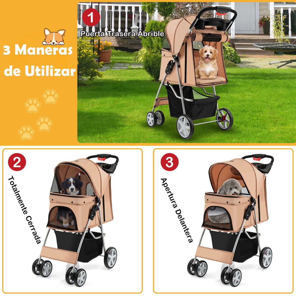 Cochecito Plegable para Mascotas de 4 Ruedas, Transportín Portátil para Gatos y Perros con Cesta y Ventana, Dimensiones 87 x 46 x 102 cm