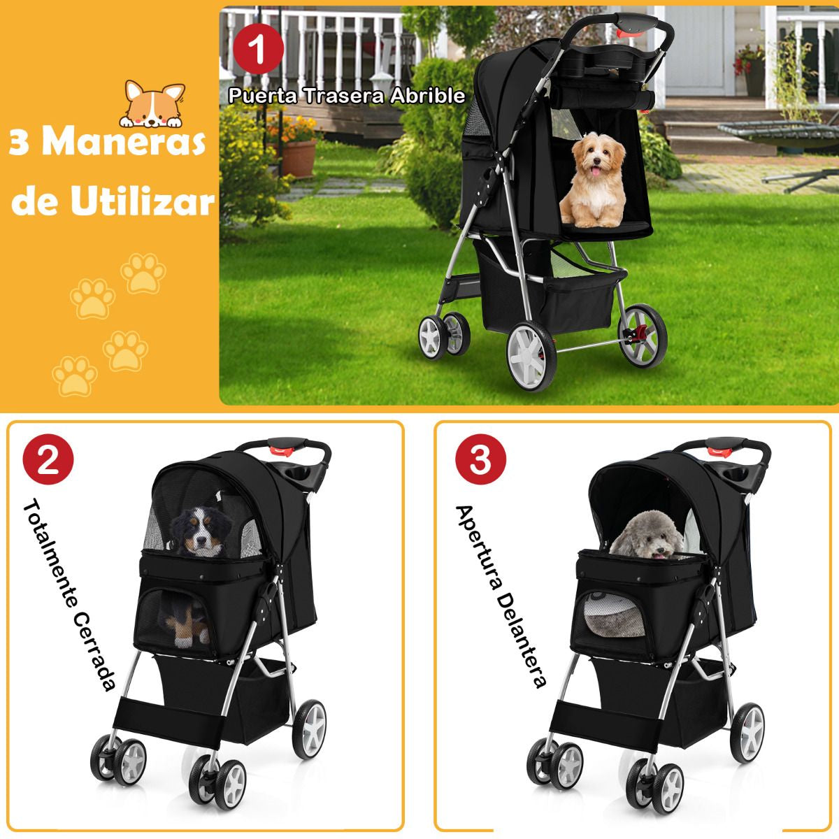 Cochecito Plegable para Mascotas de 4 Ruedas, Transportín Portátil para Gatos y Perros con Cesta y Ventana, Dimensiones 87 x 46 x 102 cm