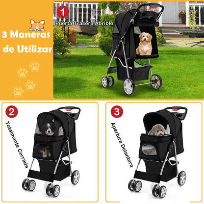 Cochecito Plegable para Mascotas de 4 Ruedas, Transportín Portátil para Gatos y Perros con Cesta y Ventana, Dimensiones 87 x 46 x 102 cm