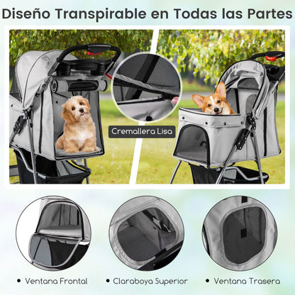 Cochecito Plegable para Mascotas de 4 Ruedas, Transportín Portátil para Gatos y Perros con Cesta y Ventana, Dimensiones 87 x 46 x 102 cm