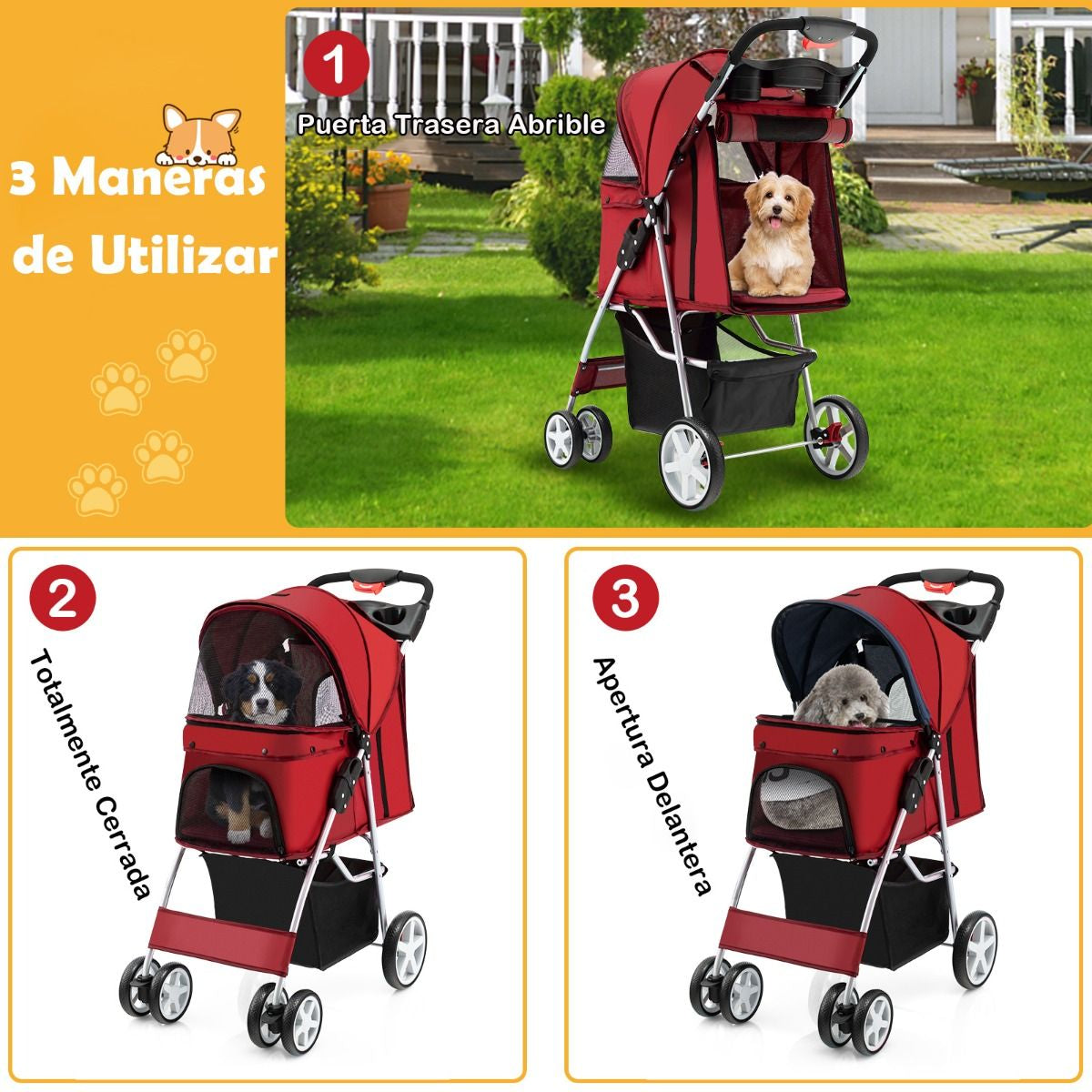 Cochecito Plegable para Mascotas de 4 Ruedas, Transportín Portátil para Gatos y Perros con Cesta y Ventana, Dimensiones 87 x 46 x 102 cm