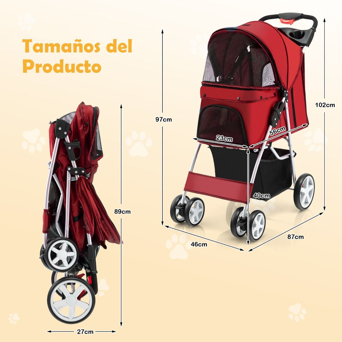Cochecito Plegable para Mascotas de 4 Ruedas, Transportín Portátil para Gatos y Perros con Cesta y Ventana, Dimensiones 87 x 46 x 102 cm