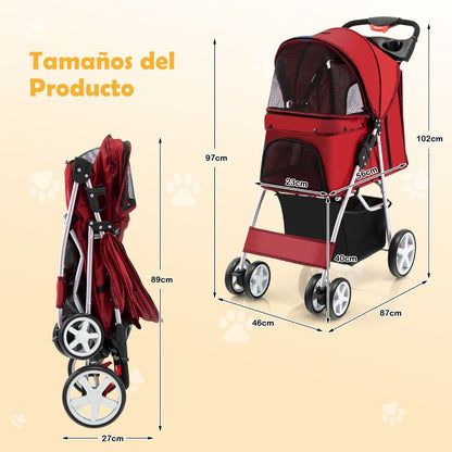 Cochecito Plegable para Mascotas de 4 Ruedas, Transportín Portátil para Gatos y Perros con Cesta y Ventana, Dimensiones 87 x 46 x 102 cm
