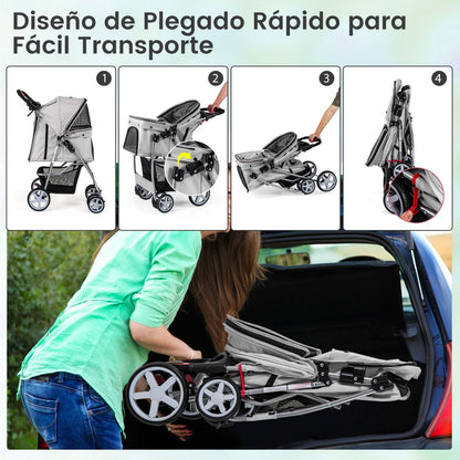 Cochecito Plegable para Mascotas de 4 Ruedas, Transportín Portátil para Gatos y Perros con Cesta y Ventana, Dimensiones 87 x 46 x 102 cm