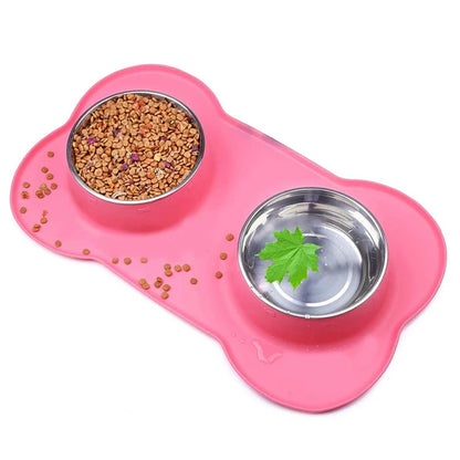 Antislip Double Dog Bowl with Silicone Mat Durable Stainless Steel Water Food Feeder Pet Feeding Drinking Bowls for Dogs Cats