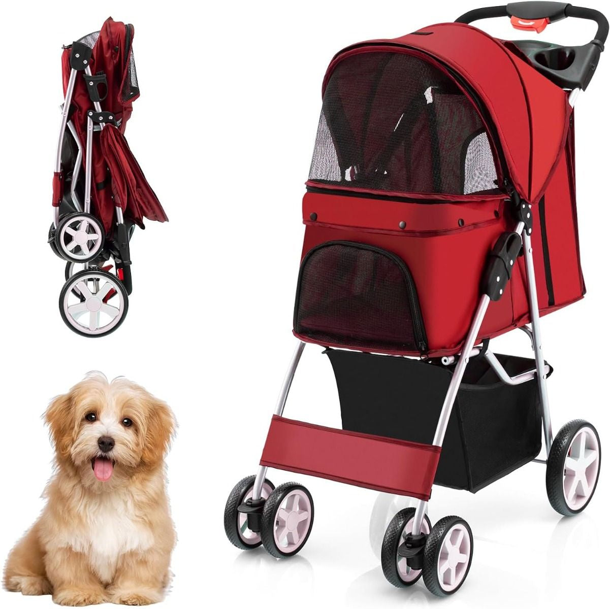 Cochecito Plegable para Mascotas de 4 Ruedas, Transportín Portátil para Gatos y Perros con Cesta y Ventana, Dimensiones 87 x 46 x 102 cm