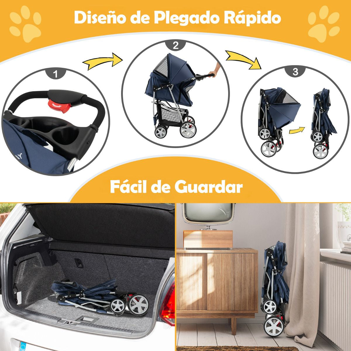 Cochecito Plegable para Mascotas de 4 Ruedas, Transportín Portátil para Gatos y Perros con Cesta y Ventana, Dimensiones 87 x 46 x 102 cm