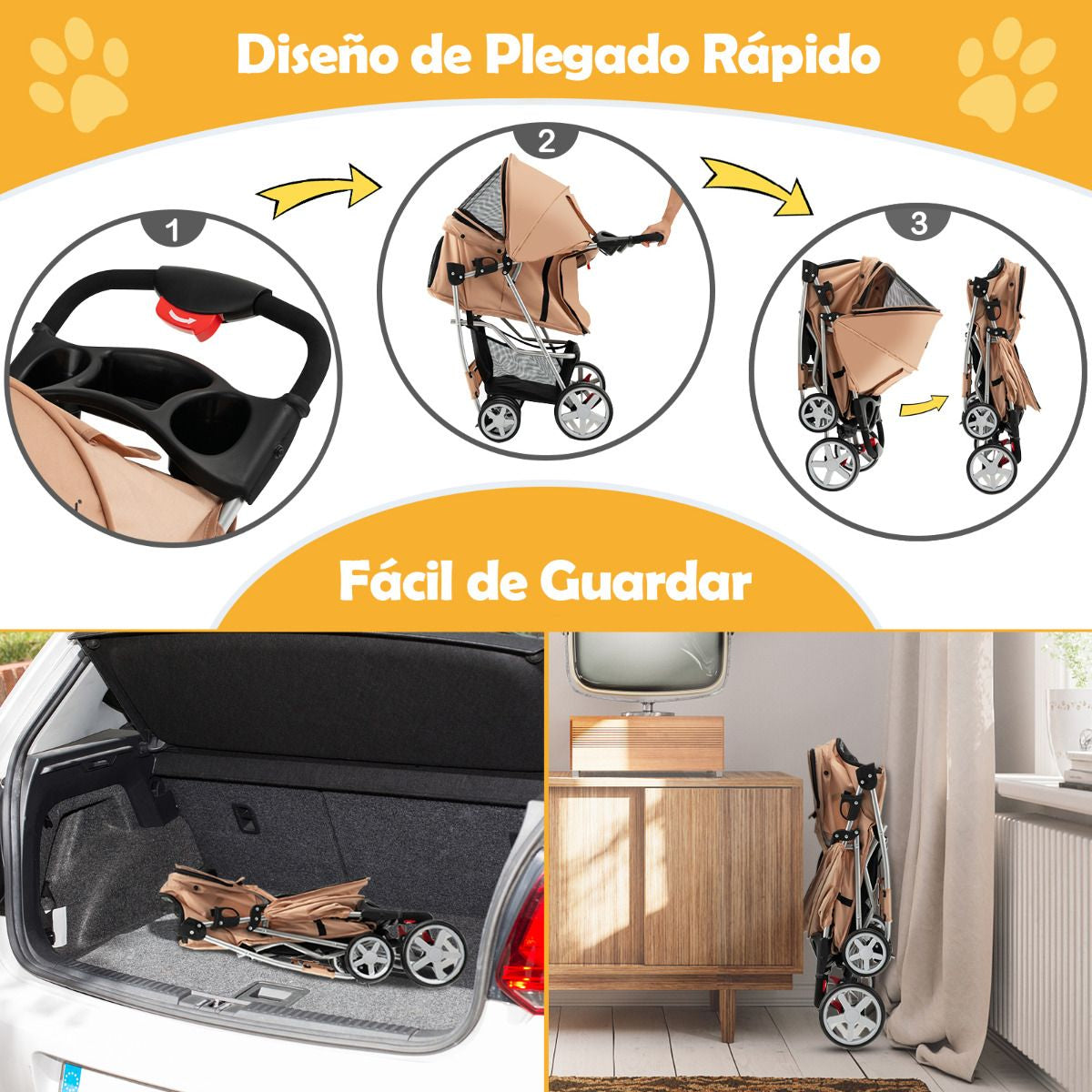 Cochecito Plegable para Mascotas de 4 Ruedas, Transportín Portátil para Gatos y Perros con Cesta y Ventana, Dimensiones 87 x 46 x 102 cm