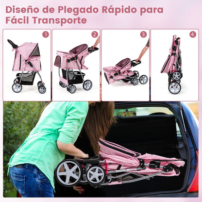 Cochecito Plegable para Mascotas de 4 Ruedas, Transportín Portátil para Gatos y Perros con Cesta y Ventana, Dimensiones 87 x 46 x 102 cm