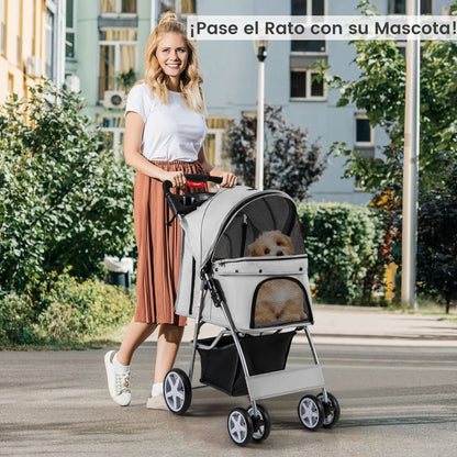 Cochecito Plegable para Mascotas de 4 Ruedas, Transportín Portátil para Gatos y Perros con Cesta y Ventana, Dimensiones 87 x 46 x 102 cm