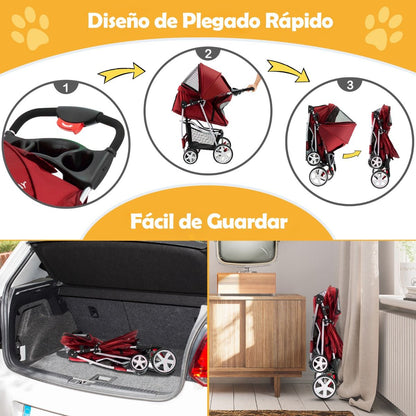 Cochecito Plegable para Mascotas de 4 Ruedas, Transportín Portátil para Gatos y Perros con Cesta y Ventana, Dimensiones 87 x 46 x 102 cm