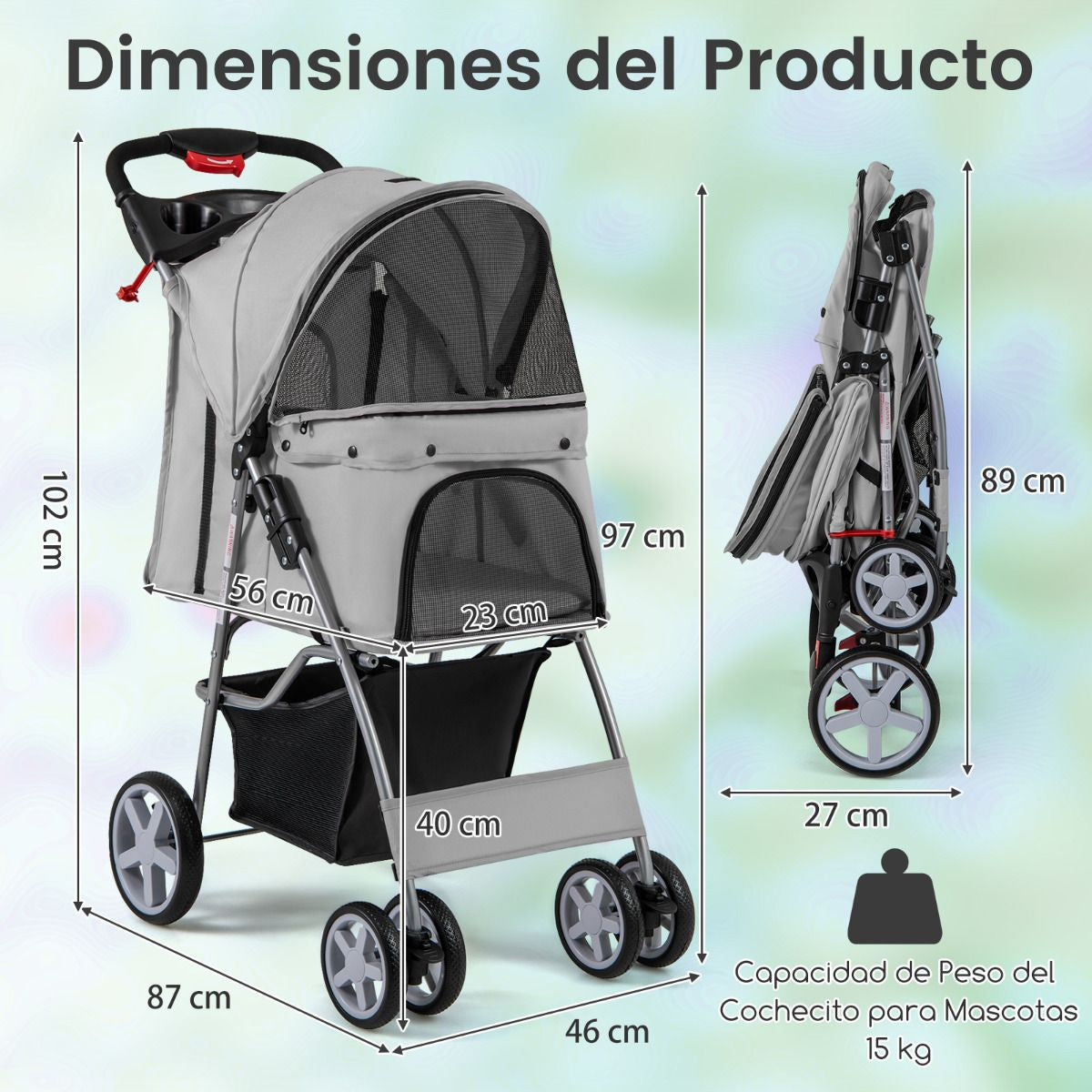 Cochecito Plegable para Mascotas de 4 Ruedas, Transportín Portátil para Gatos y Perros con Cesta y Ventana, Dimensiones 87 x 46 x 102 cm