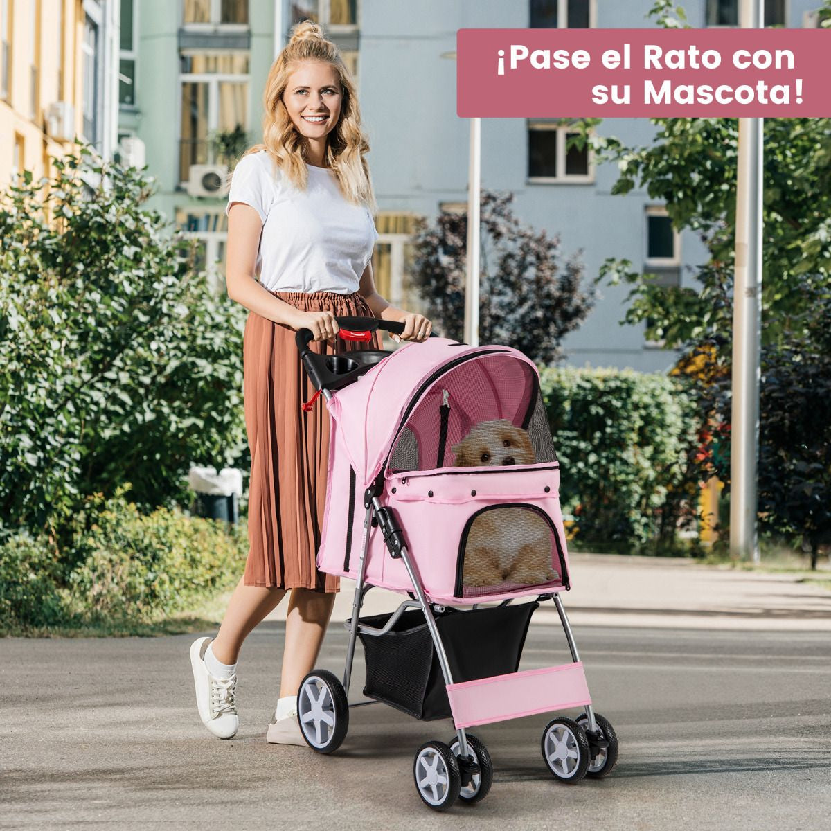 Cochecito Plegable para Mascotas de 4 Ruedas, Transportín Portátil para Gatos y Perros con Cesta y Ventana, Dimensiones 87 x 46 x 102 cm