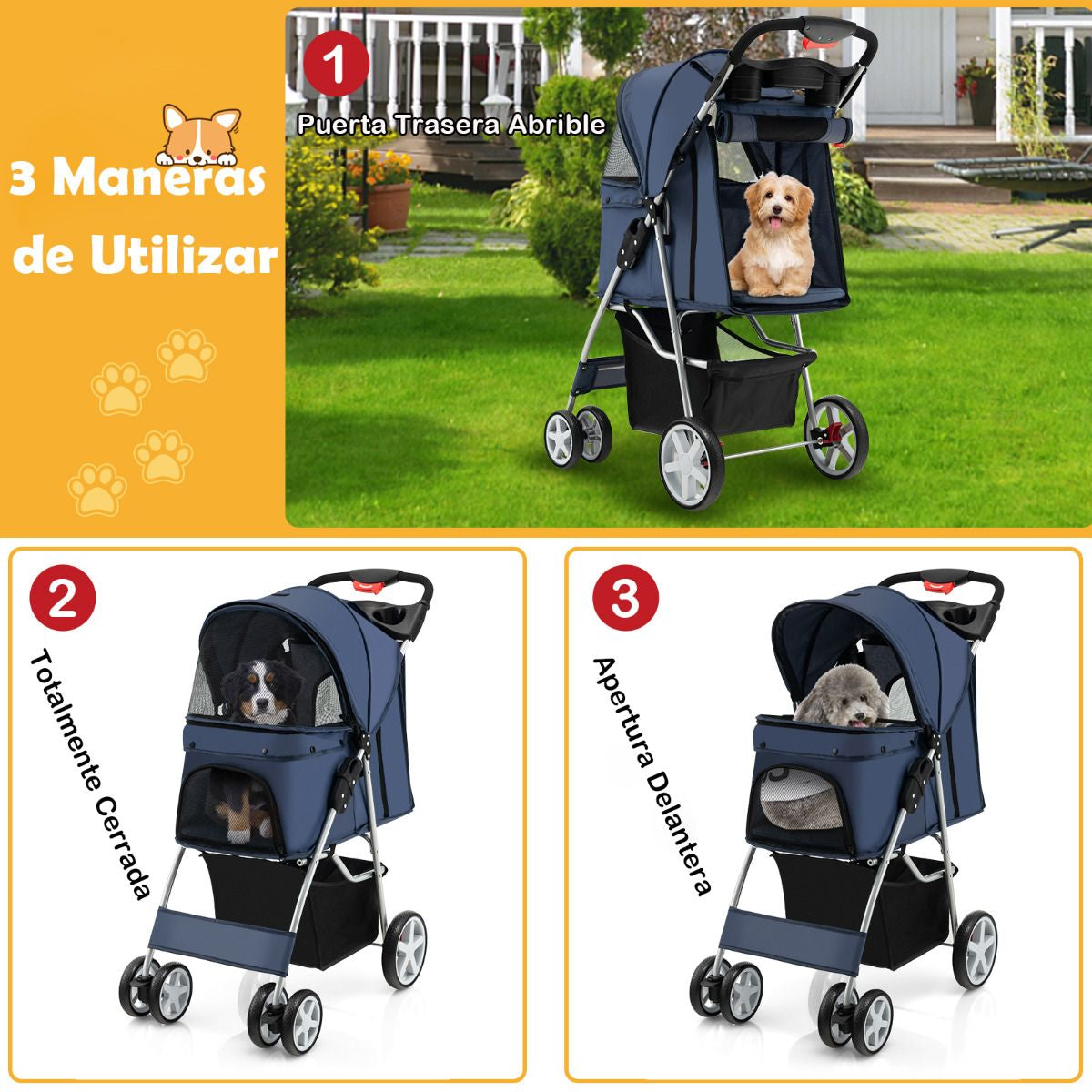 Cochecito Plegable para Mascotas de 4 Ruedas, Transportín Portátil para Gatos y Perros con Cesta y Ventana, Dimensiones 87 x 46 x 102 cm