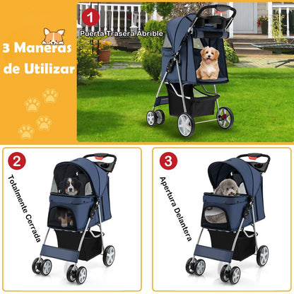 Cochecito Plegable para Mascotas de 4 Ruedas, Transportín Portátil para Gatos y Perros con Cesta y Ventana, Dimensiones 87 x 46 x 102 cm
