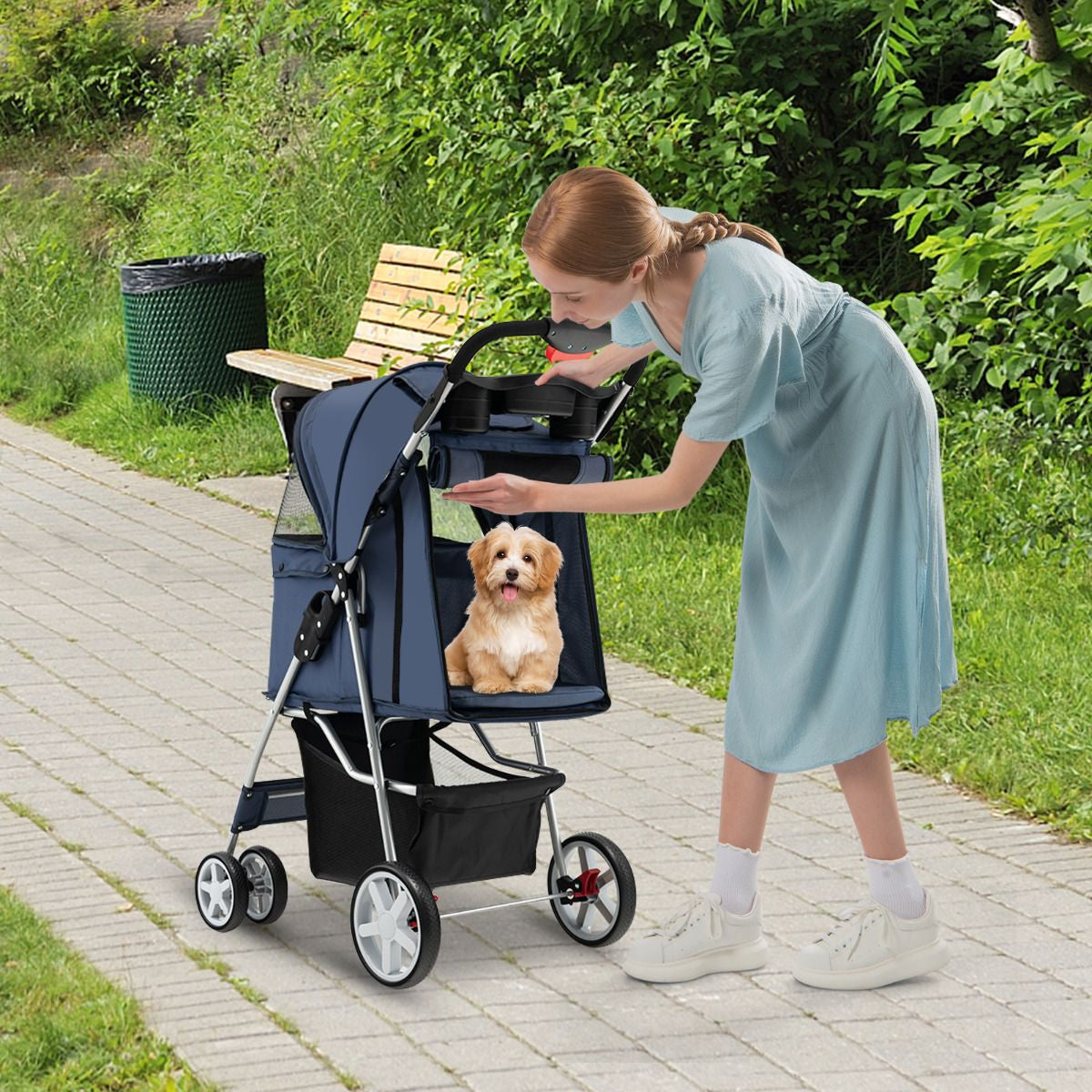 Cochecito Plegable para Mascotas de 4 Ruedas, Transportín Portátil para Gatos y Perros con Cesta y Ventana, Dimensiones 87 x 46 x 102 cm