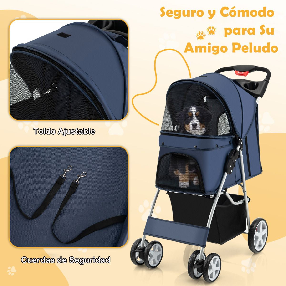 Cochecito Plegable para Mascotas de 4 Ruedas, Transportín Portátil para Gatos y Perros con Cesta y Ventana, Dimensiones 87 x 46 x 102 cm