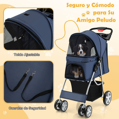 Cochecito Plegable para Mascotas de 4 Ruedas, Transportín Portátil para Gatos y Perros con Cesta y Ventana, Dimensiones 87 x 46 x 102 cm