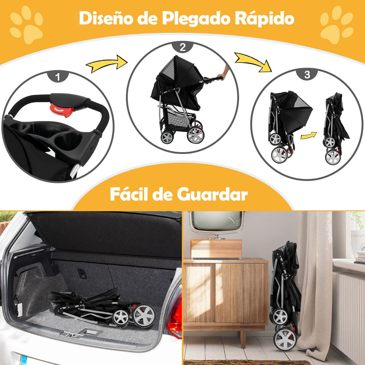 Cochecito Plegable para Mascotas de 4 Ruedas, Transportín Portátil para Gatos y Perros con Cesta y Ventana, Dimensiones 87 x 46 x 102 cm