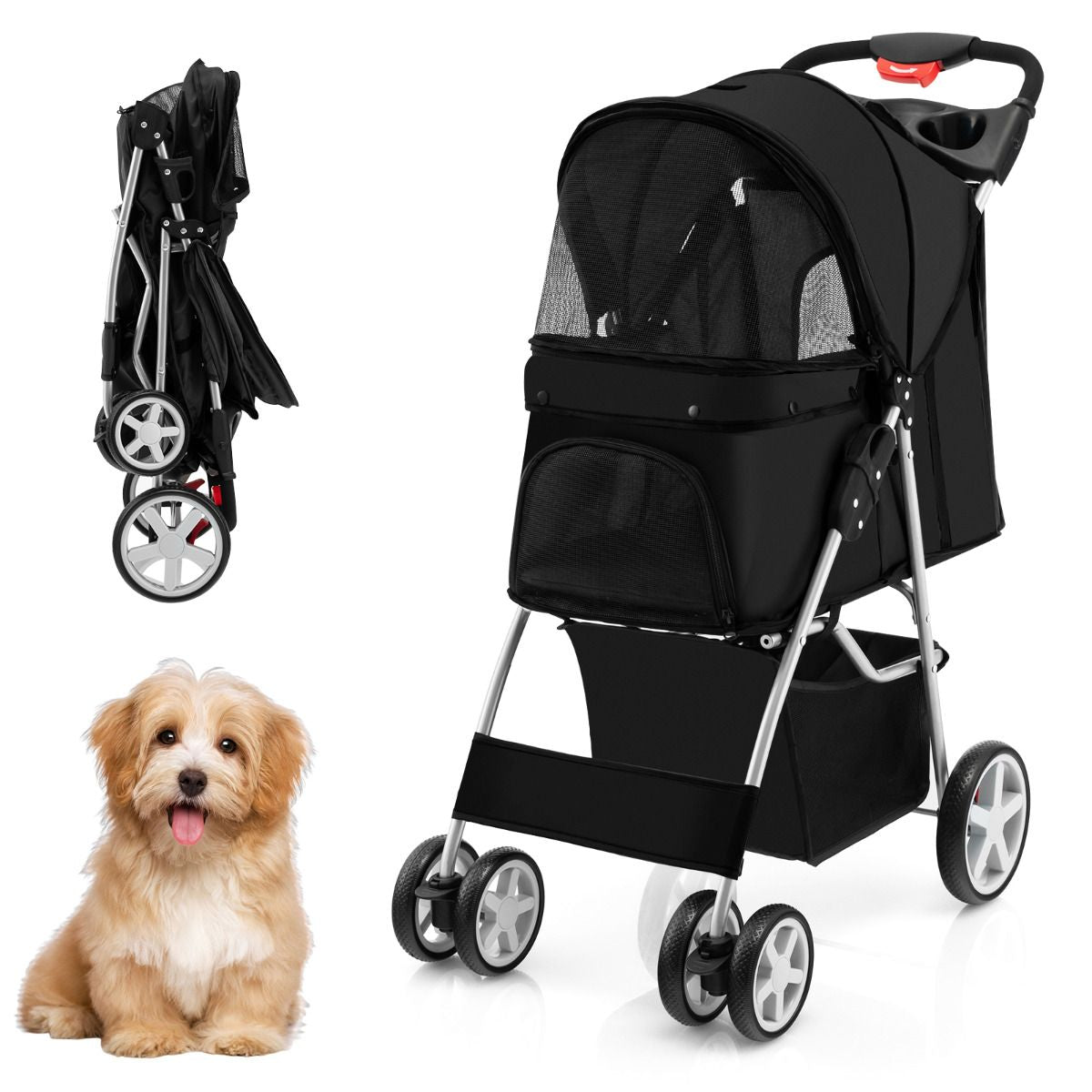 Cochecito Plegable para Mascotas de 4 Ruedas, Transportín Portátil para Gatos y Perros con Cesta y Ventana, Dimensiones 87 x 46 x 102 cm