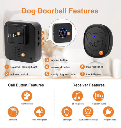 Smart Dog Doorbell Wireless for Potty Training Doggie Food Chime Door Bell Touch Button for Pet Puppy Ring to Go outside KONLEN