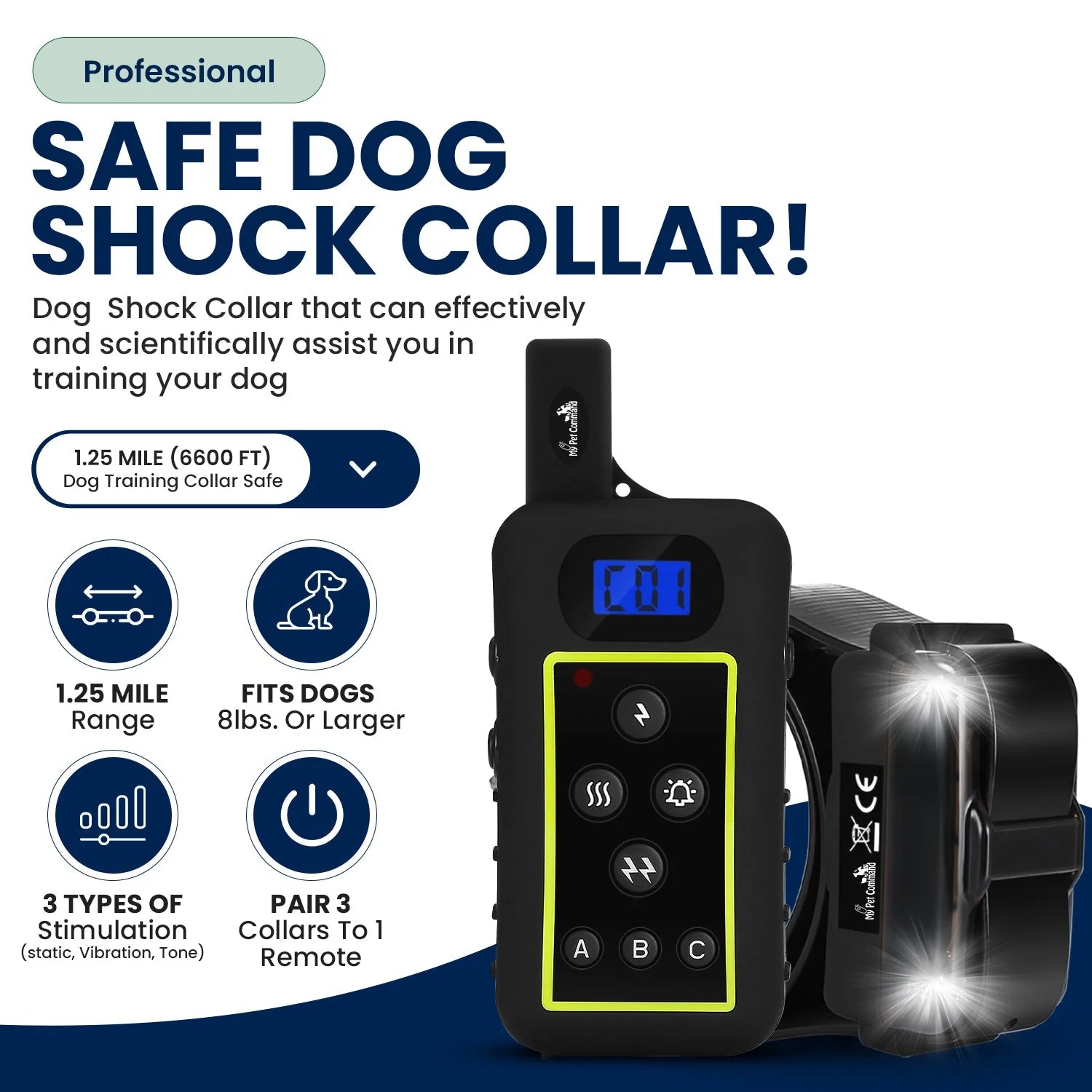 1.25 Mile (6600 Ft) Long Range Dog Training Shock Collar with Remote -