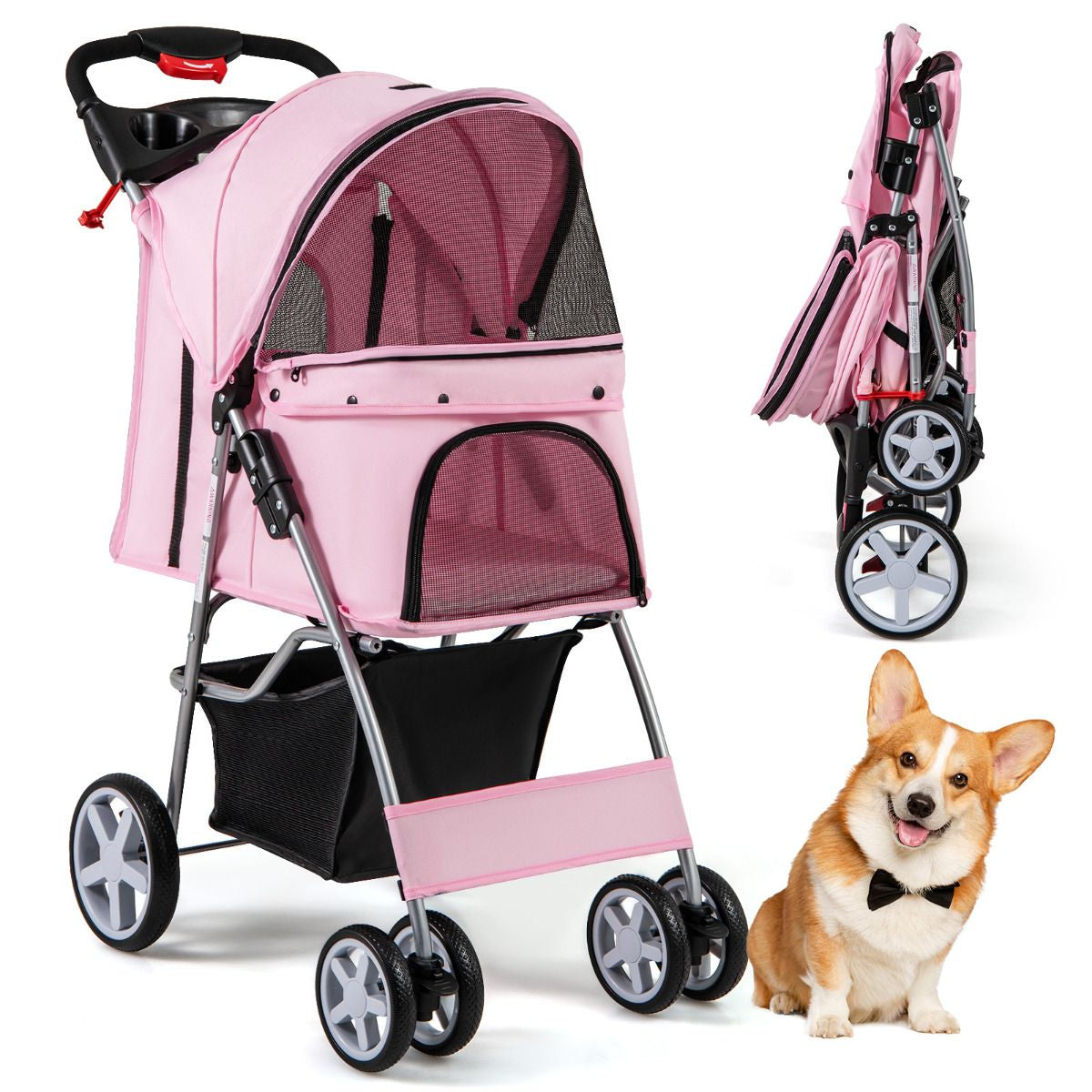 Cochecito Plegable para Mascotas de 4 Ruedas, Transportín Portátil para Gatos y Perros con Cesta y Ventana, Dimensiones 87 x 46 x 102 cm