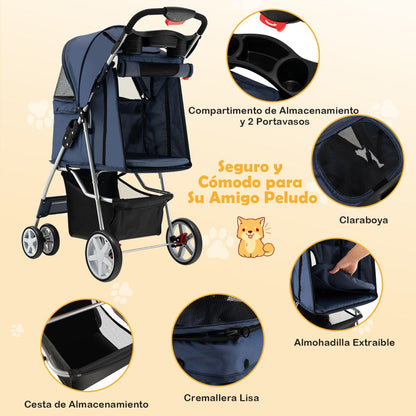Cochecito Plegable para Mascotas de 4 Ruedas, Transportín Portátil para Gatos y Perros con Cesta y Ventana, Dimensiones 87 x 46 x 102 cm