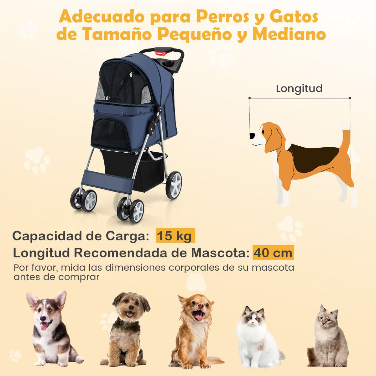 Cochecito Plegable para Mascotas de 4 Ruedas, Transportín Portátil para Gatos y Perros con Cesta y Ventana, Dimensiones 87 x 46 x 102 cm
