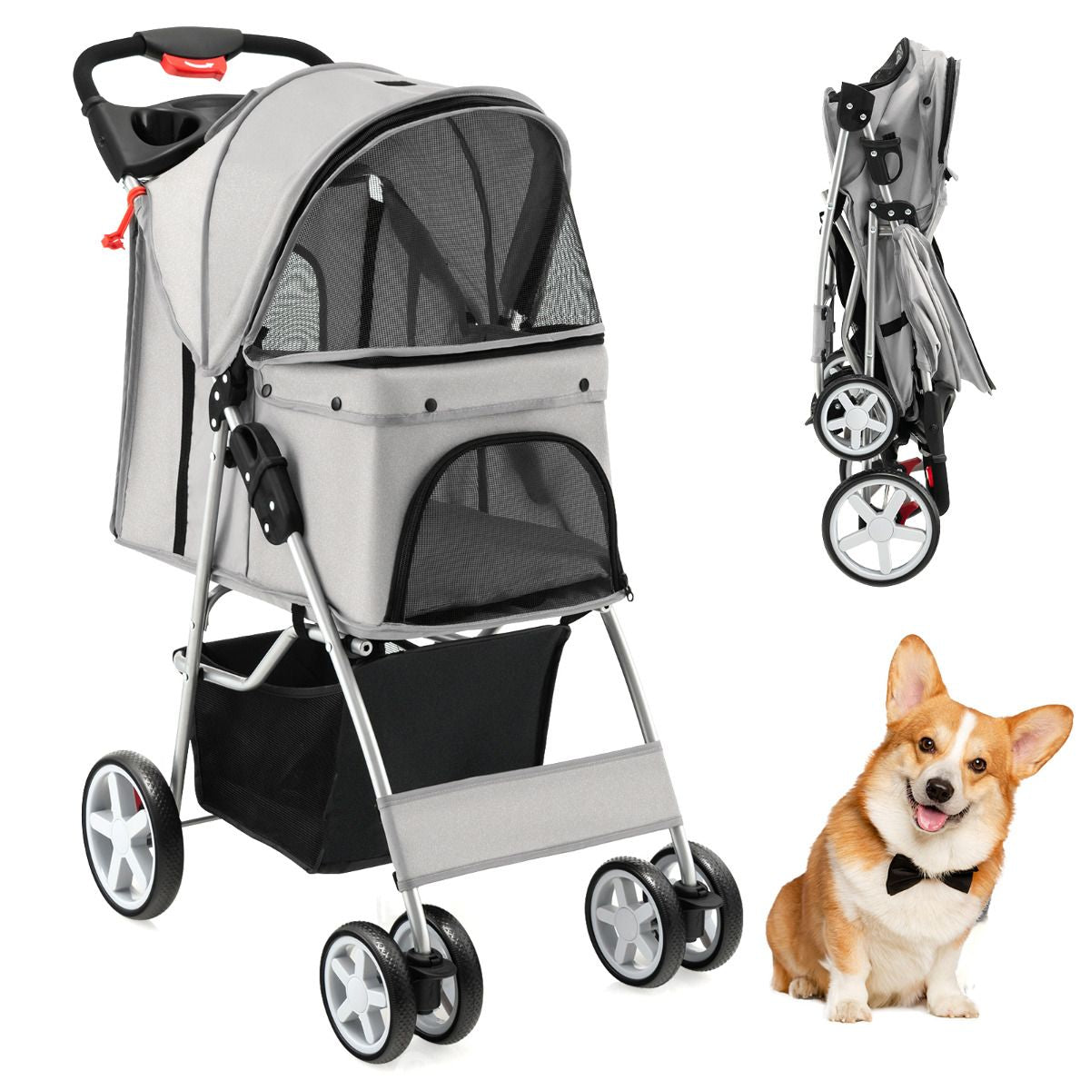 Cochecito Plegable para Mascotas de 4 Ruedas, Transportín Portátil para Gatos y Perros con Cesta y Ventana, Dimensiones 87 x 46 x 102 cm
